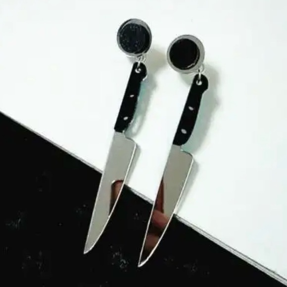 Spooky Silver Knife Earrings Creepy Goth Halloween Cosplay Statement Jewelry - Picture 3 of 11